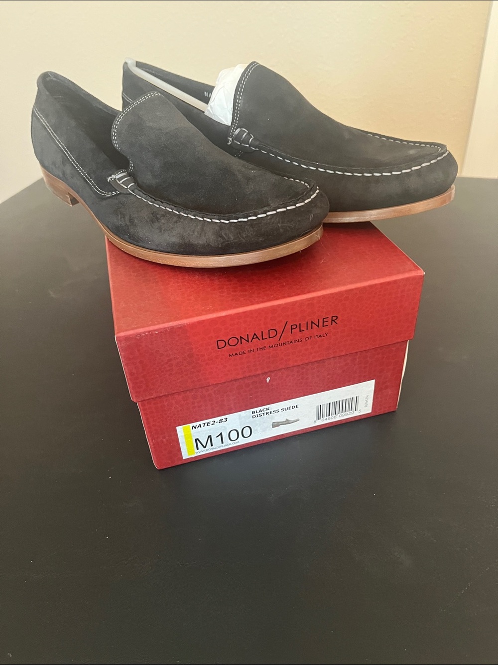 Donald J. Pliner Men’s Black Suede Slip-On Loafers with Contrast Stitching